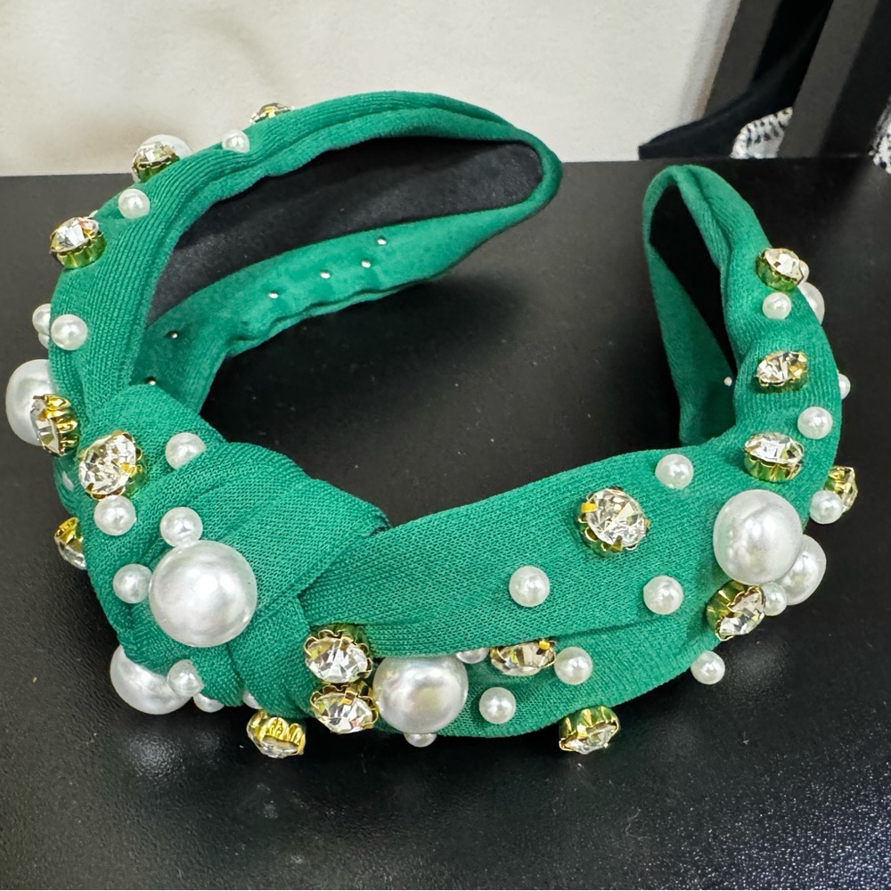 Green Beaded Pearl and rhinestone twist Knot Headband
